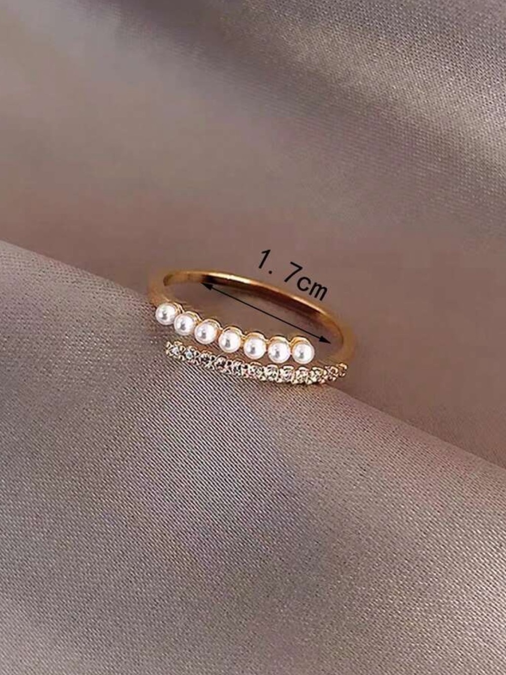 Minimalist pearl CZ ring stack inlaid gold jewelry rare unique viral bohemian - Picture 3 of 3